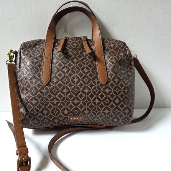 Fossil Sydney Brown Geometric Coated Canvas Satchel Crossbody Bag Boho Preppy - Picture 4 of 12